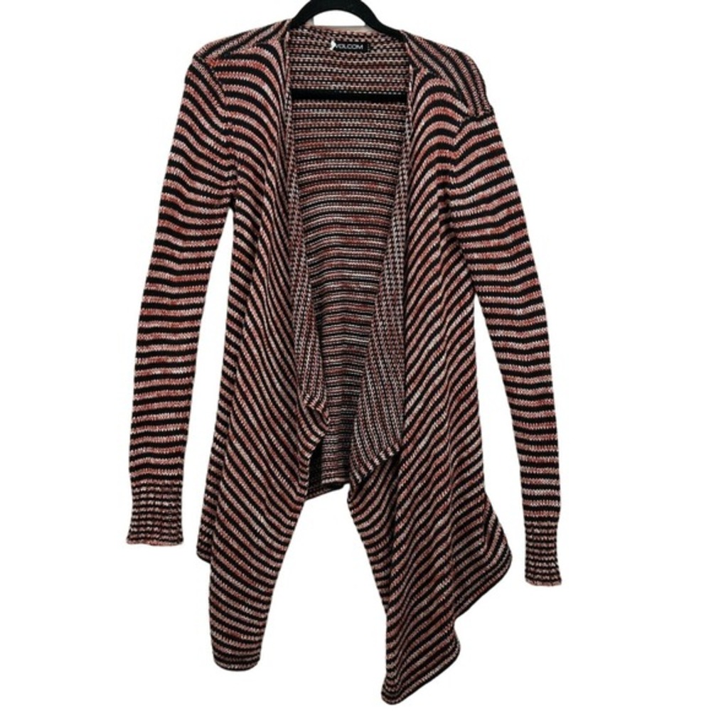 Volcom Black and Pink Striped Open-Front Cardigan